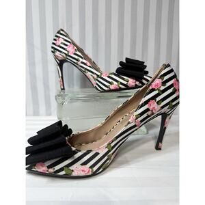 Betsey Johnson Striped Floral Bow Heels BRET Black & Pink Pumps Size 8.5